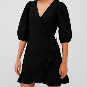 NWT Gap Black Eyelet Wrap 3/4 Length Sleeve Mini Cottagecore Dress Women’s XXS